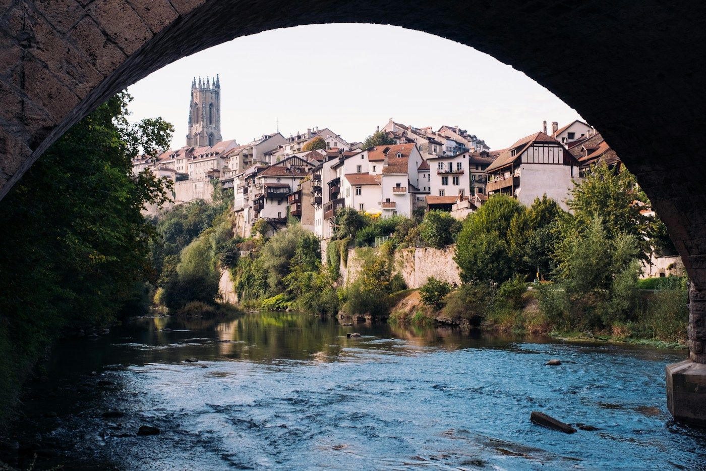 La cathédrale Saint-Nicolas et la vieille ville de Fribourg au bord de la Sarine